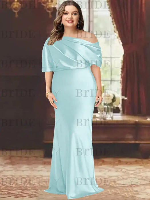 Sky Blue plus size draped satin mother of the bride gown with blouson top