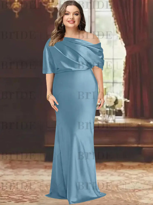 Stormy plus size draped satin mother of the bride gown with blouson top
