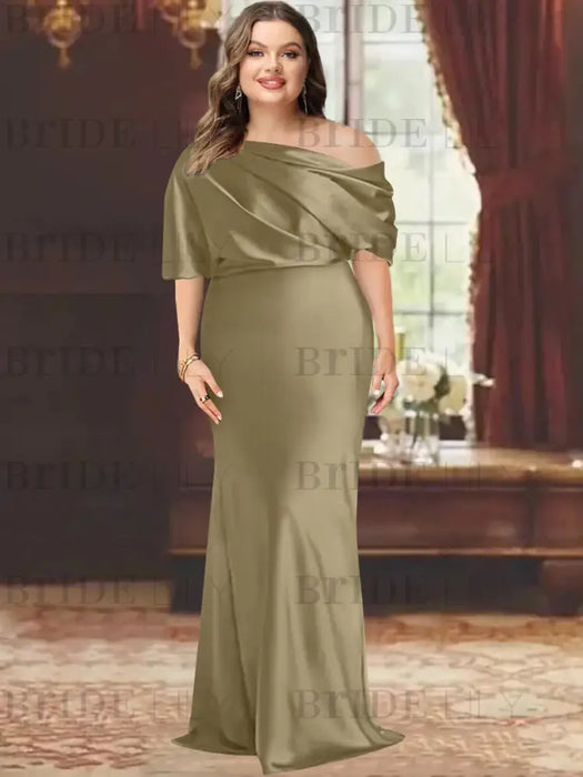 Taupe plus size draped satin mother of the bride gown with blouson top
