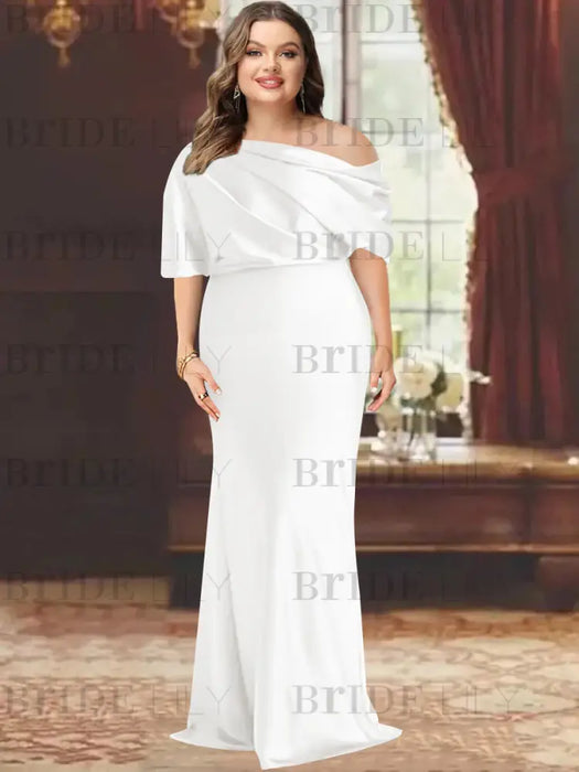 White plus size draped satin mother of the bride gown with blouson top