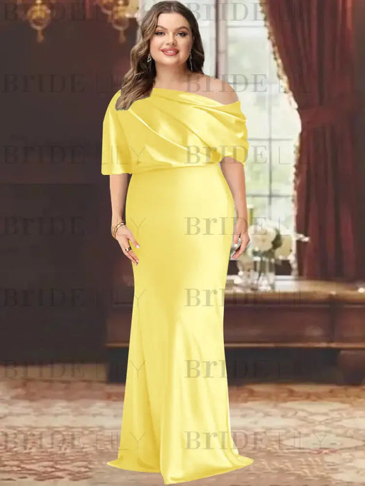 Yellow plus size draped satin mother of the bride gown with blouson top