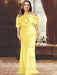 Yellow plus size draped satin mother of the bride gown with blouson top