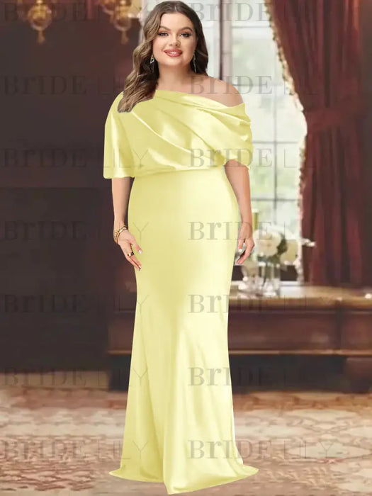 Yellow plus size draped satin mother of the bride gown with blouson top