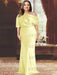 Yellow plus size draped satin mother of the bride gown with blouson top
