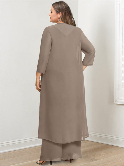 Plus Size Floor-Length Chiffon Pantsuit for the Mother of the Bride with Round Neck and Applique Jacket
