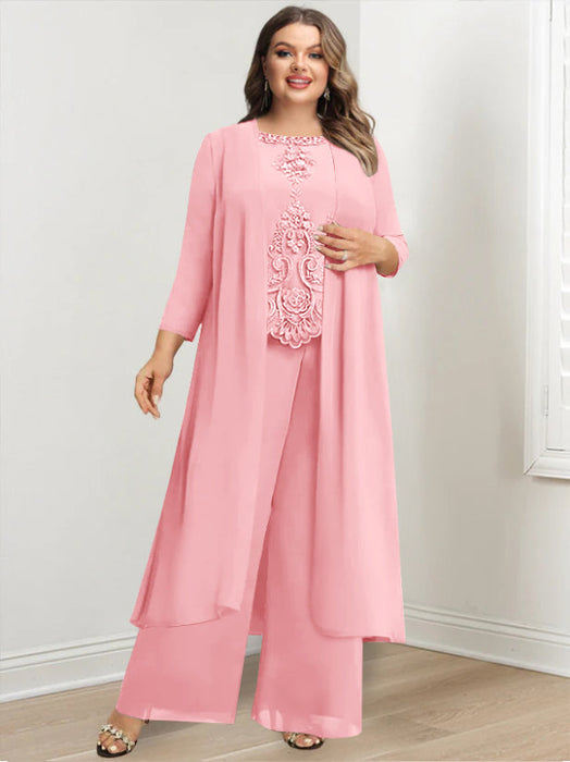 Plus Size Floor-Length Chiffon Pantsuit for the Mother of the Bride with Round Neck and Applique Jacket