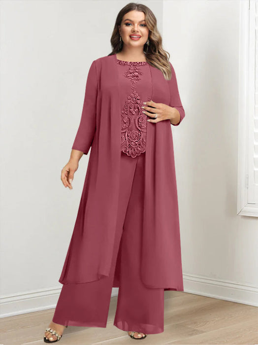 Plus Size Floor-Length Chiffon Pantsuit for the Mother of the Bride with Round Neck and Applique Jacket