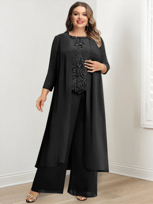 Plus Size Floor-Length Chiffon Pantsuit for the Mother of the Bride with Round Neck and Applique Jacket