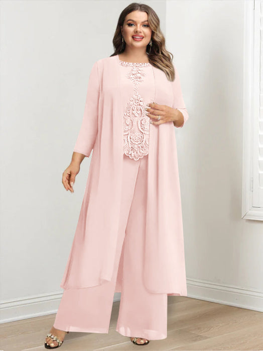 Plus Size Floor-Length Chiffon Pantsuit for the Mother of the Bride with Round Neck and Applique Jacket