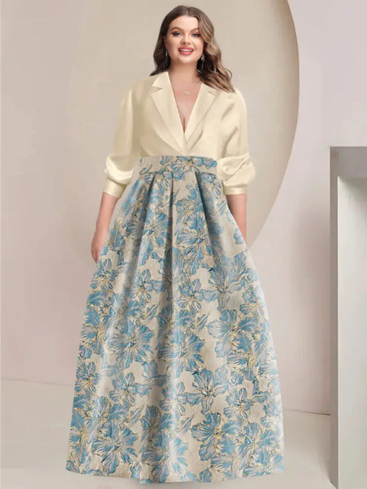 Plus Size Flower A-Line Satin Mother of the Bride Dresses V-Neck with 3/4 Sleeves Champagne