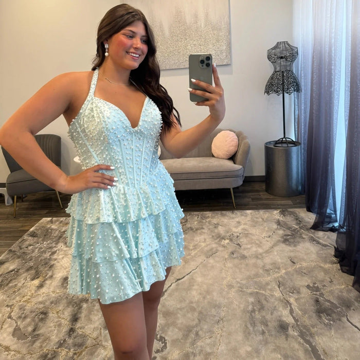 Plus Size Halter Corset Tiered Homecoming Dress Short with Pearl
