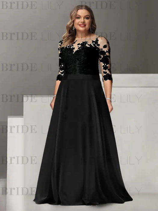 Plus size illusion lace chiffon A-line mother of the bride dress in black
