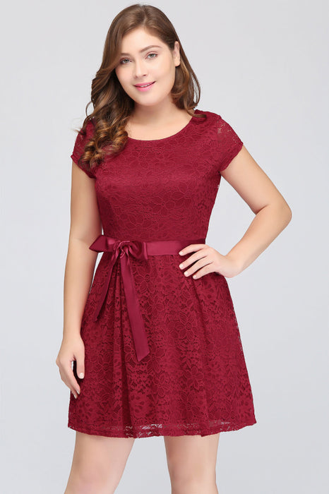 Plus Size Knee Length Jewel Burgundy Bridesmaid dress Lace with Short Bridelily Plus Size Knee Length Jewel Burgundy Bridesmaid dress Lace with Short Bridelily