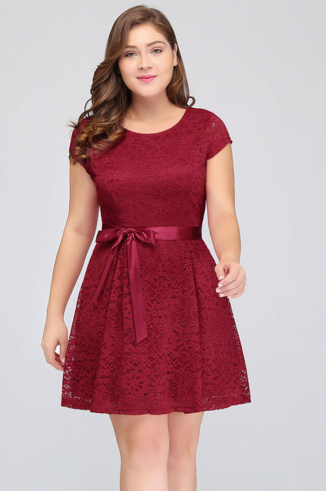 Plus Size Knee Length Jewel Burgundy Bridesmaid dress Lace with Short Bridelily Plus Size Knee Length Jewel Burgundy Bridesmaid dress Lace with Short Bridelily