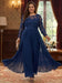 Full length view of the plus size navy chiffon lace jumpsuit