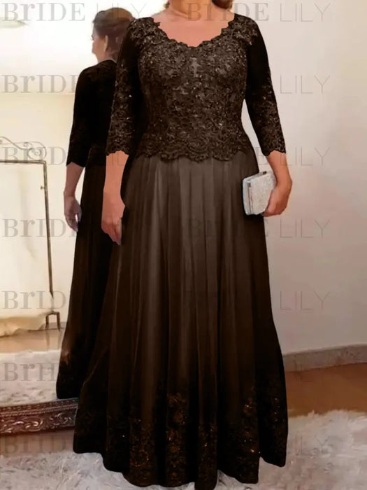 Brown plus size mother of the bride lace and tulle gown with sleeves