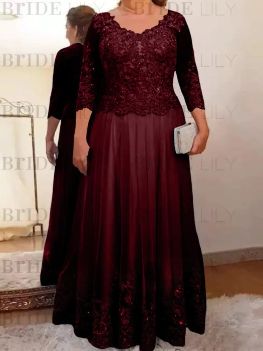 Burgundy plus size mother of the bride lace and tulle gown with sleeves