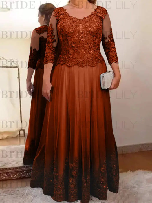 Burnt Orange plus size mother of the bride lace and tulle gown with sleeves