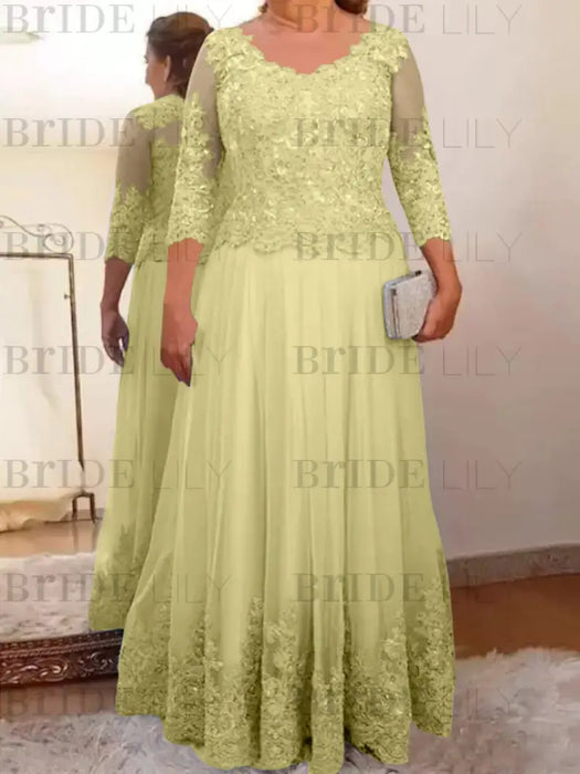 Canary plus size mother of the bride lace and tulle gown with sleeves