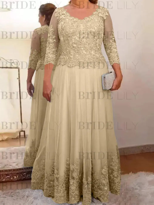 Champagne plus size mother of the bride lace and tulle gown with sleeves