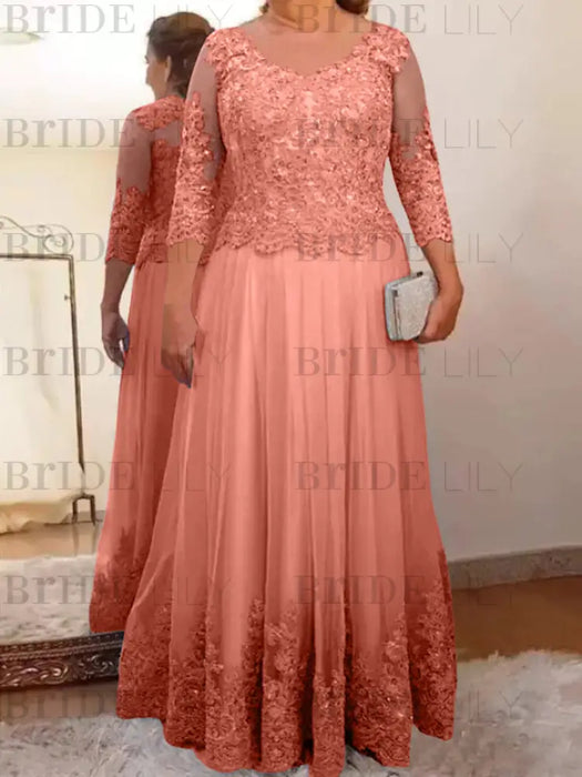 Coral plus size mother of the bride lace and tulle gown with sleeves