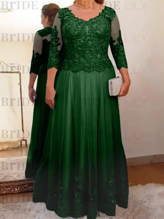Dark Green plus size mother of the bride lace and tulle gown with sleeves