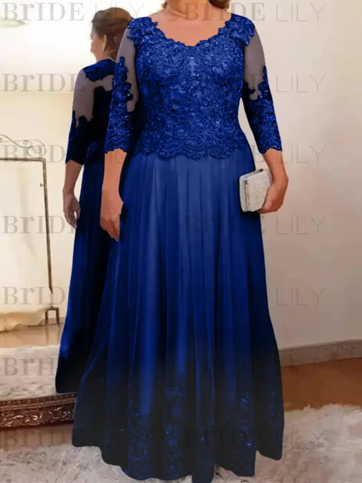 Dark Royal Blue plus size mother of the bride lace and tulle gown with sleeves