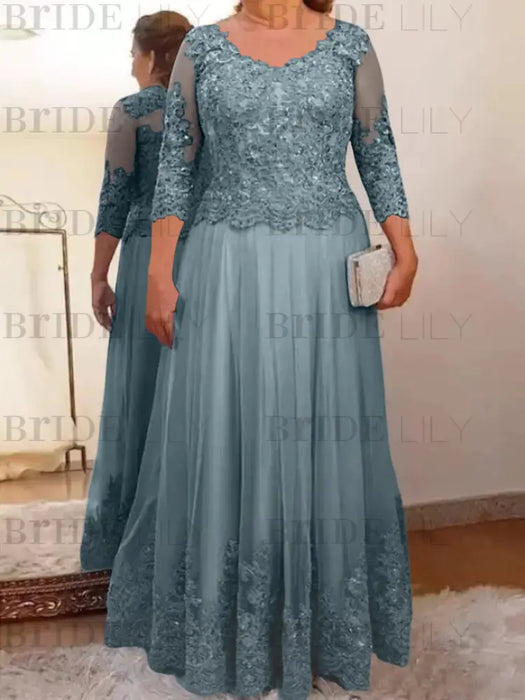 Dusty Blue plus size mother of the bride lace and tulle gown with sleeves