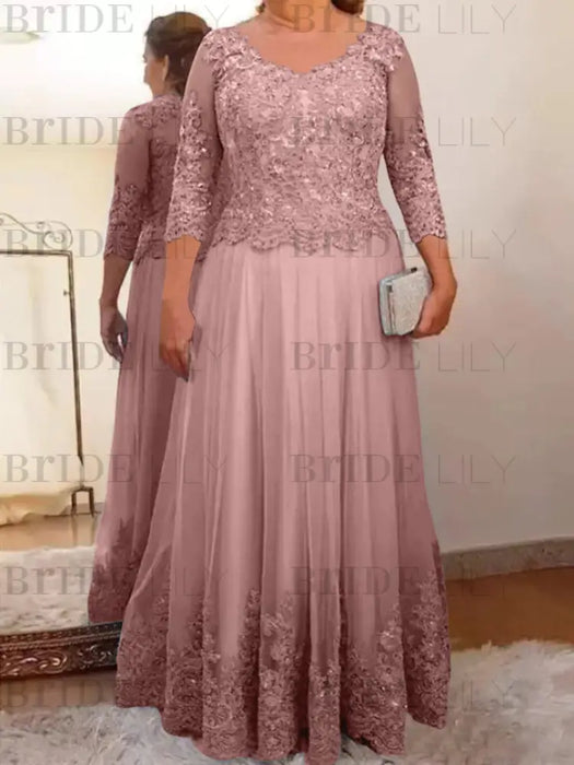 Dusty Pink plus size mother of the bride lace and tulle gown with sleeves