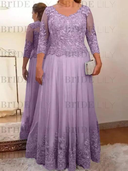 Dusty Purple plus size mother of the bride lace and tulle gown with sleeves