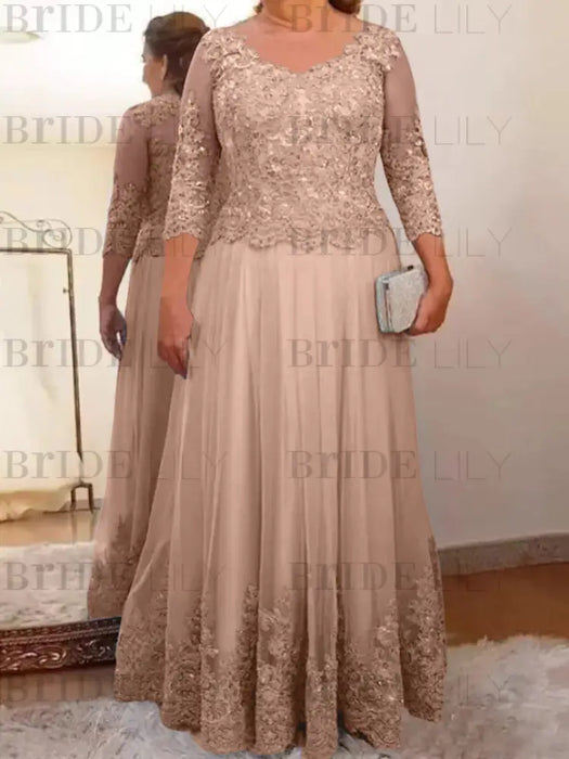 Dusty Rose plus size mother of the bride lace and tulle gown with sleeves