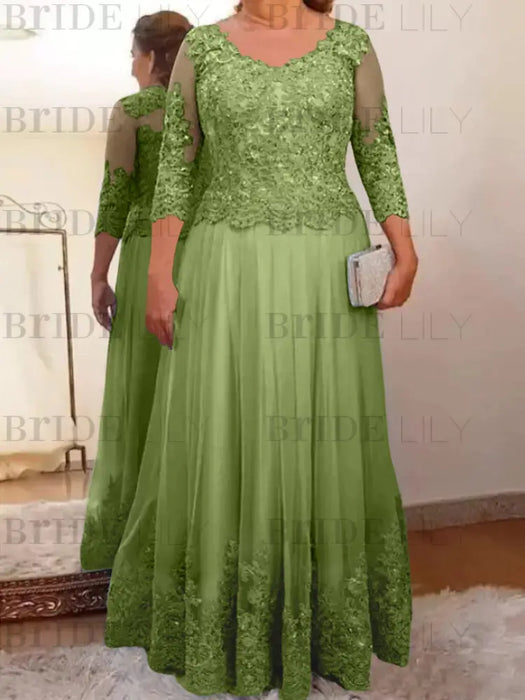 Dusty Sage plus size mother of the bride lace and tulle gown with sleeves