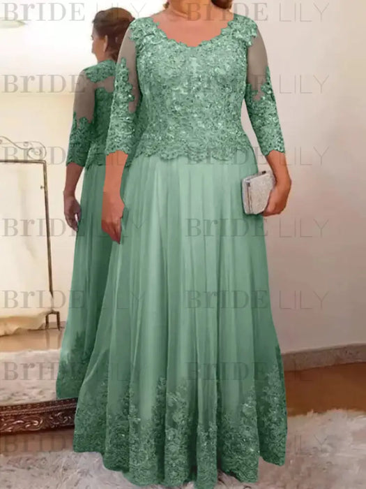Eucalyptus plus size mother of the bride lace and tulle gown with sleeves