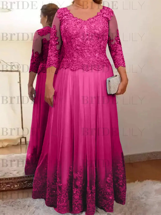 Fuchsia plus size mother of the bride lace and tulle gown with sleeves
