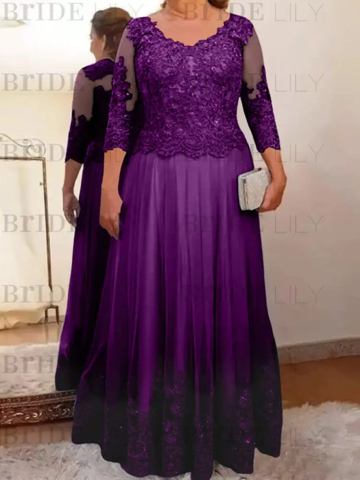 Grape plus size mother of the bride lace and tulle gown with sleeves