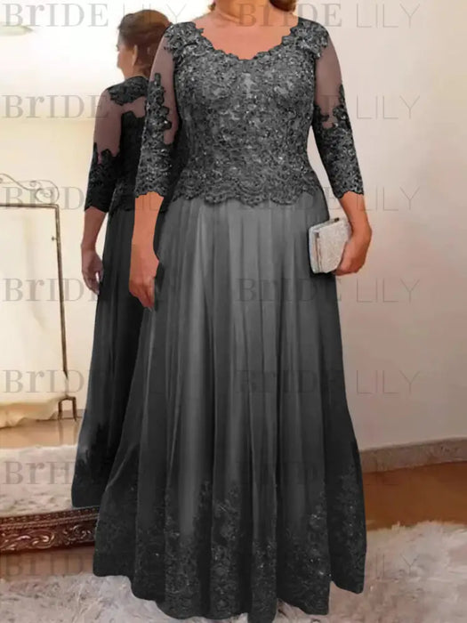Gray plus size mother of the bride lace and tulle gown with sleeves