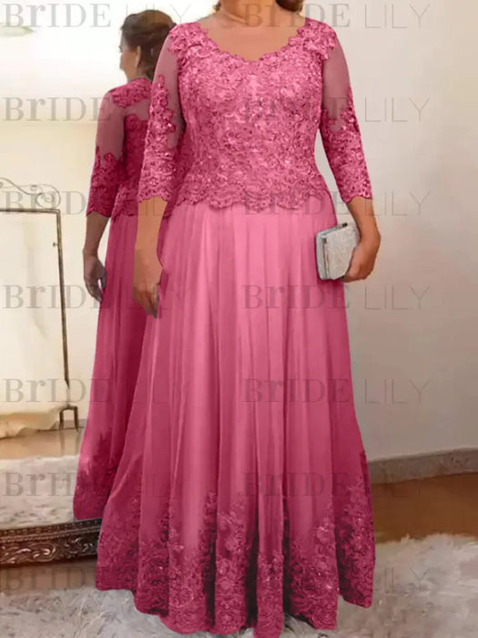 Hot Pink plus size mother of the bride lace and tulle gown with sleeves