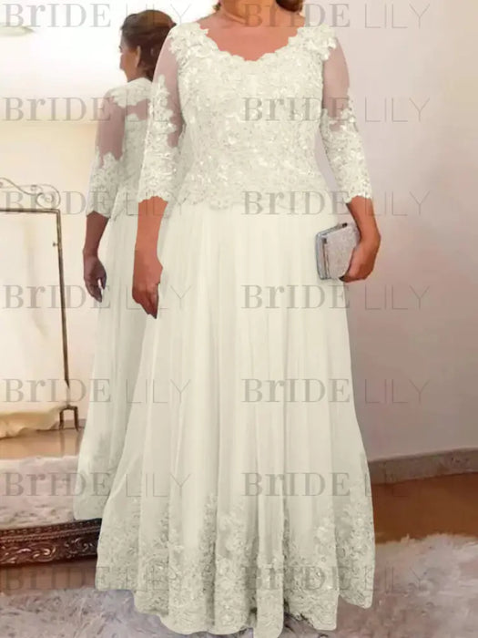 Ivory plus size mother of the bride lace and tulle gown with sleeves