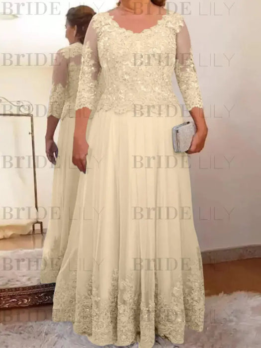Light Champagne plus size mother of the bride lace and tulle gown with sleeves