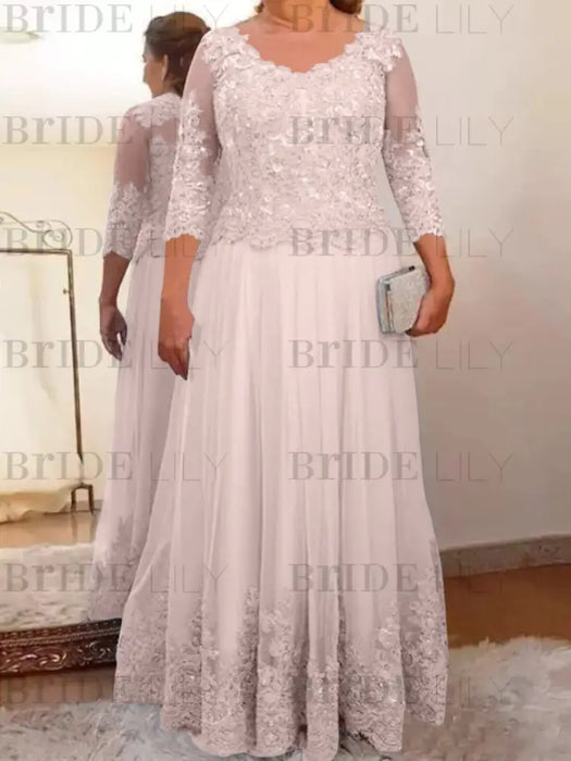 Light Pink plus size mother of the bride lace and tulle gown with sleeves