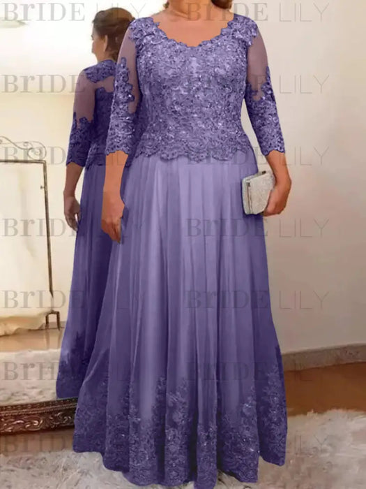 Light Purple plus size mother of the bride lace and tulle gown with sleeves