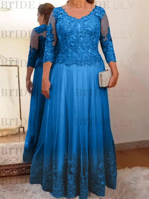 Light Royal Blue plus size mother of the bride lace and tulle gown with sleeves