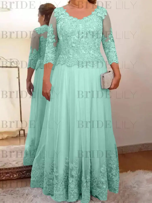 Light Sky Blue plus size mother of the bride lace and tulle gown with sleeves