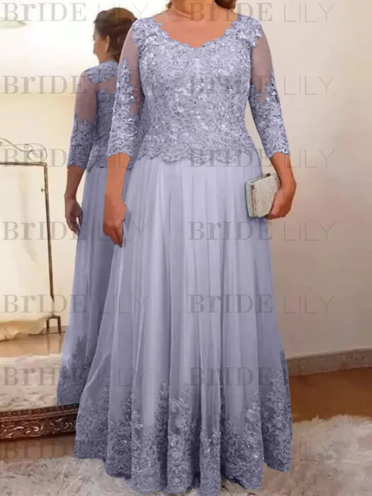 Lilac plus size mother of the bride lace and tulle gown with sleeves