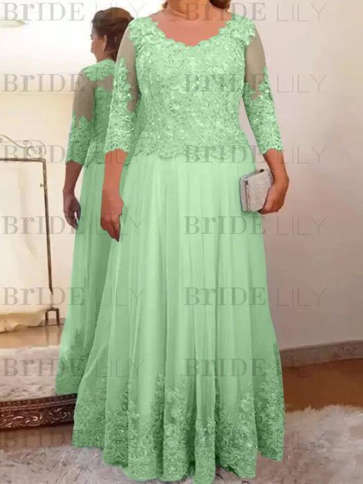 Mint Green plus size mother of the bride lace and tulle gown with sleeves