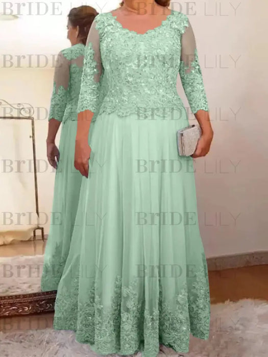Mist Blue plus size mother of the bride lace and tulle gown with sleeves