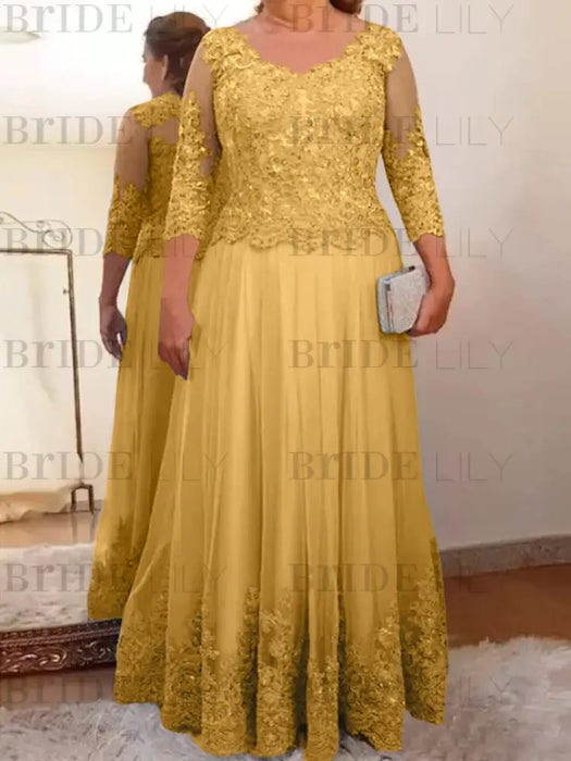 Mustard Yellow plus size mother of the bride lace and tulle gown with sleeves