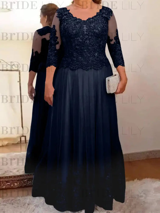 Navy Blue plus size mother of the bride lace and tulle gown with sleeves