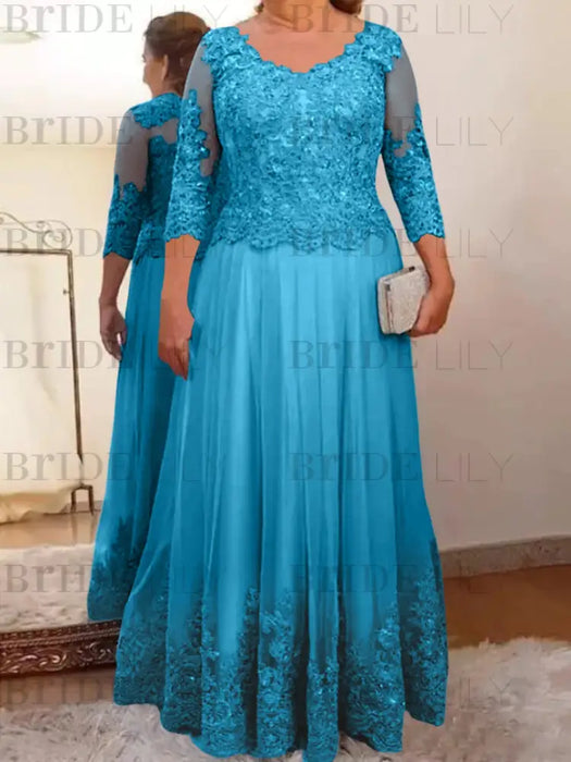 Ocean Blue plus size mother of the bride lace and tulle gown with sleeves
