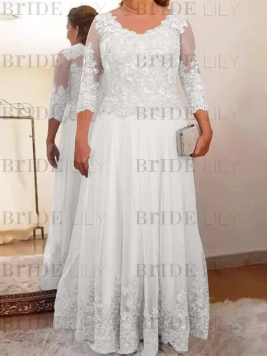 Off White plus size mother of the bride lace and tulle gown with sleeves